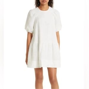 Club Monaco White Smocked Puff Sleeve Dress